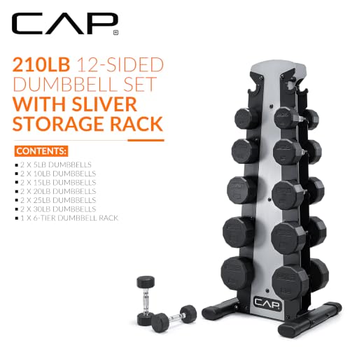 CAP Rubber Coated Hex Dumbbell Set with Storage Rack | 100–210 lb Options, Space-Saving Vertical Compact Storage for Home Gym Strength Training - size: 210 lb - Set - Silver Rack, style: 12-Sided Chrome Handle