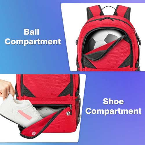 Soccer Backpack with Seperate Compartment, Water Resistant Sport Bags fit for Basketball, Volleyball, Football - color: Red