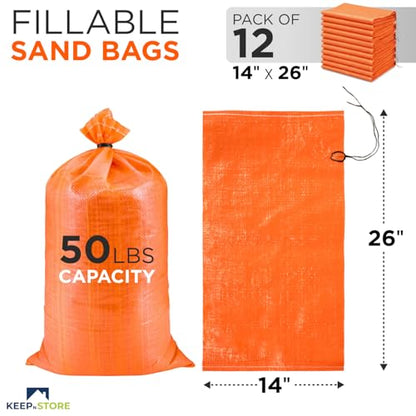 Heavy Duty Sand Bags Pack of 12, Bright Orange Empty Sandbags with Built-In Ties, Woven Polypropylene UV Protection 1600 Hours, Fillable Bags for Flood Control, Weight, 14x26 inches, 50 Pounds Volume - size: 14"W x 26"L, style: Pack of 12