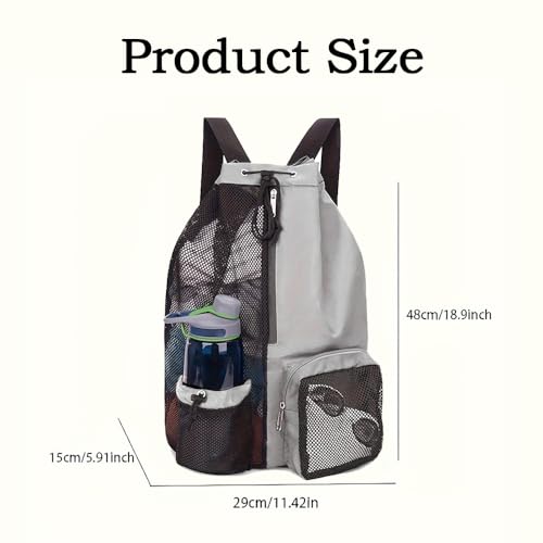 Mesh Drawstring Beach Backpack with Waterproof Wet Pocket Lightweight Swim Bag for Swimming Gym Workout for Men Women Light Grey