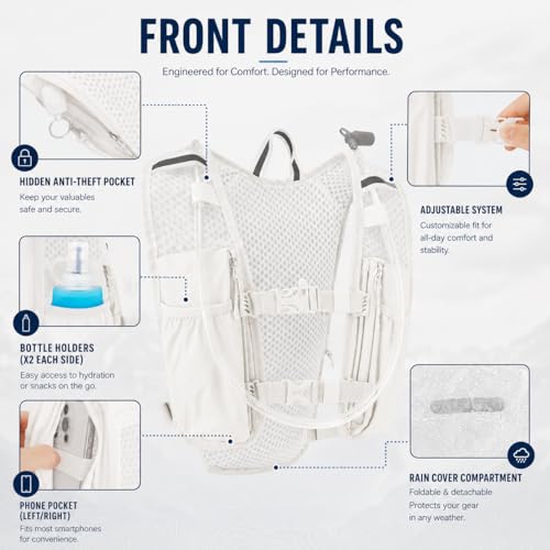 Zavothy Hydration Backpack with 1.5L Water Bladder, Lightweight Water Backpack for Women, Hydration Pack with Rain Cover for Running Hiking Cycling Festival, Reflective Bounce-Free Fit - color: White