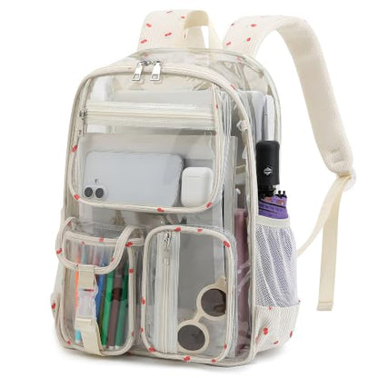 Clear Backpacks for Girls Women, Heavy Duty PVC Transparent School Bookbag See Through Back Pack for College Work Travel (Cherry Beige) - color: Cherry Beige