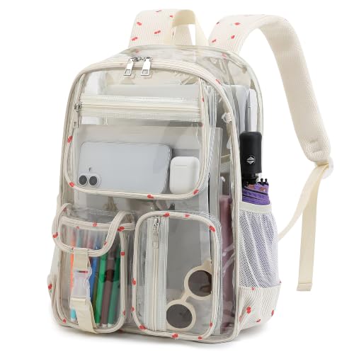 Clear Backpacks for Girls Women, Heavy Duty PVC Transparent School Bookbag See Through Back Pack for College Work Travel (Cherry Beige) - color: Cherry Beige