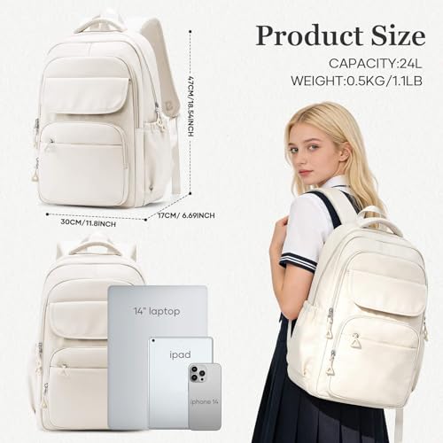 Cute School Backpack for Teens Girls Boys Waterproof School Bag Basic Backpack for College Students Multi Pocket Backpack Lightweight Casual Daypack Backpacks for Women Men（Beige） - color: White