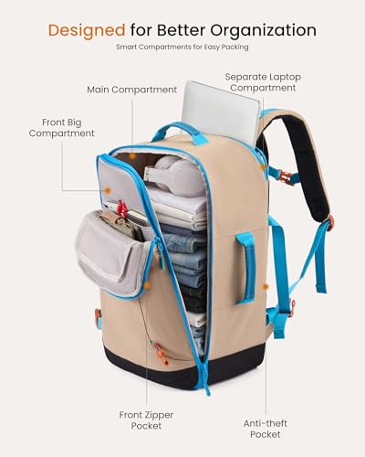 LOVEVOOK 40L Travel Backpack for Women & Men, Airline Approved Carry On Backpack with 3 Packing Cubes, TSA Personal Item Bag, Waterproof Weekender Overnight Backpack Fits 17" Laptop - color: Fresh Green - Beige - Dark Gray, size: Large-40L-4Pcs