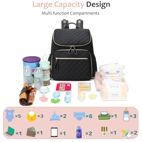 LORADI Lightweight Diaper Bag Backpack, Baby Shower Gifts, Black-gold | Stroller Clips, Insulated Pockets, Water-resistant, Easy to Clean, Durable - color: Black-gold