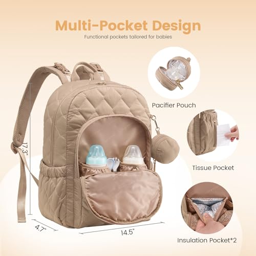 LOVEVOOK Diaper Bag Backpack,Puffer Quilted Baby Diaper Bag with Insulated Pockets,Travel Diaper Backpack for Boys Girls with Changing Pad,Water-Resistant Baby Bag for Mom Dad,Khaki - color: Khaki