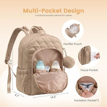 LOVEVOOK Diaper Bag Backpack,Puffer Quilted Baby Diaper Bag with Insulated Pockets,Travel Diaper Backpack for Boys Girls with Changing Pad,Water-Resistant Baby Bag for Mom Dad,Khaki - color: Khaki