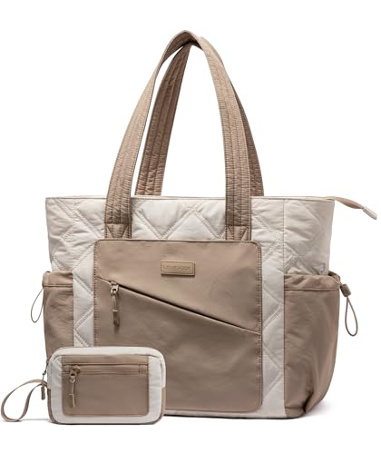 LOVEVOOK Tote Bag for Women, puffer tote bag for Work Travel Nurse, Lightweight quilted Bags with Compartments - color: L-17.3 Inch-cream-khaki