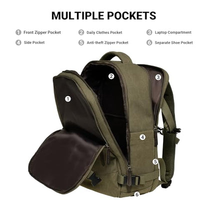 KAUKKO Thick Canvas Travel Backpack, Flight Approved Carry On Backpack with Shoe Pouch and 15.6 inch Laptop Compartment, 40L Luggage Casual Daypack Weekender Bag 10-ARMYGREEN - color: 10-armygreen
