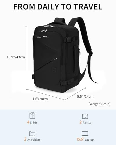 ECOHUB 17" Small Unisex Travel Backpack United Airline Approved 17x10x9 Friendly Suitcase Anti-Theft Lockable Zippers Style Personal Item Bag Travel Essentials with 12 Pockets Water Resistant, Black - color: Black, size: 17 inch underseat