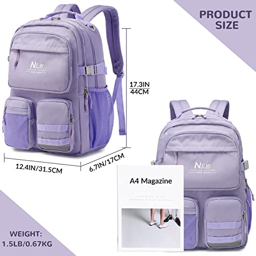 Water Resistant Backpack for Teen Girls Students, Casual Multi Pockets Daypack with 15.6 inch Laptop pocket for Travel School College (Purple) - color: Purple With Embroidery