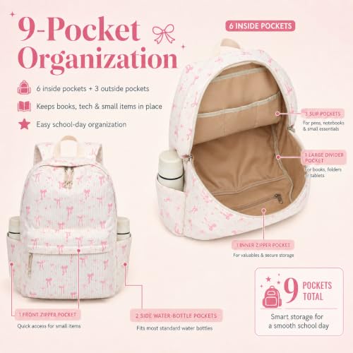 BTOOP School Backpacks for Teen Girls Bookbags Lightweight Kids Backpack School Bags Set with Lunch Box Pencil Case - color: A-pink Bow