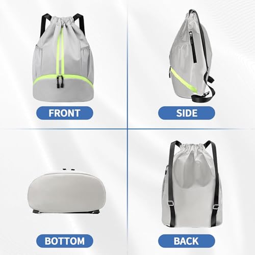 Drawstring Backpack Gym Bag with Shoe Compartment - Ideal for Basketball, Swimming, Beach Activities, Unisex - color: Silver Grey