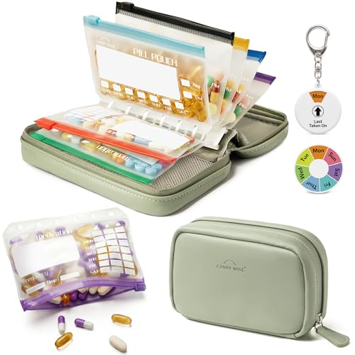 Weekly Pill Organizer,Vegan Leather Travel Medicine Bag - Pill Container with 7 Color-Coded Resuable Waterproof Pills Pouches, Dual-Sided Labeling Design & Reminder Spinner for Vitamins, Supplements - color: Green