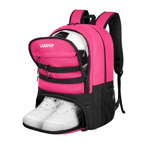 LARIPOP Soccer Backpack with Ball Holder & Shoe Compartment Large Capacity Sports Bag for Training - color: Pink