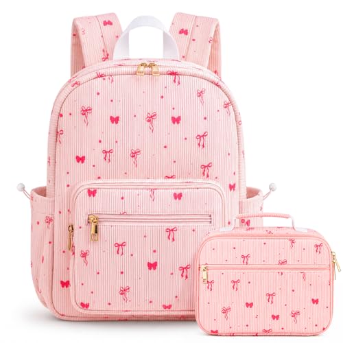 Corduroy Girls Backpack，Cute School Backpack for Teens Girls Kids Bookbags for Elementary High School Women Laptop Bags Daypacks With Lunch Bag and Pencil Case (Pink bow) - color: Pink Bow, size: 2 Set