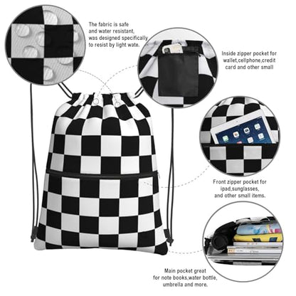 Checkerboard Drawstring Bags, Outdoor Sports Black White Race Cinch String Bag, Waterproof Gym Drawstring Backpack, Men Women Large Capacity Cinch Sackpack with Zippered Pocket - color: Checkerboard