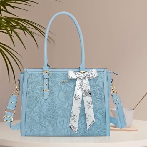 MOSISO Laptop Bag for Women, 17-17.3 inch PU Leather Tote Bag Compatible with MacBook, HP, Dell, Asus Notebook, Front Embossed Retro Hibiscus Computer Bags with Silk Scarf&Clutch Purse, Air Blue - color: Air Blue, size: 17.3 inch