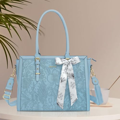 MOSISO Laptop Bag for Women, 17-17.3 inch PU Leather Tote Bag Compatible with MacBook, HP, Dell, Asus Notebook, Front Embossed Retro Hibiscus Computer Bags with Silk Scarf&Clutch Purse, Air Blue - color: Air Blue, size: 17.3 inch