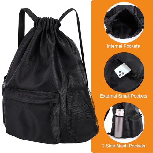 Dntorx Drawstring Backpack, Gym Bag for Women, Kids Swim Bag Black | Waterproof string backpack with water bottle pocket, lightweight washable roomy drawstring design adjustable straps - color: Black