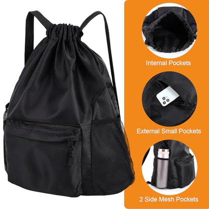 Dntorx Drawstring Backpack, Gym Bag for Women, Kids Swim Bag Black | Waterproof string backpack with water bottle pocket, lightweight washable roomy drawstring design adjustable straps - color: Black