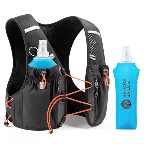 Sahara Sailor Running Vest for Women Men, 2PCS 500ml Soft Flasks, Adjustable Chest Waist Fit, Multi-Pockets, Lightweight Breathable Reflective Hydration Backpack for Running, Trail, Cycling, Hiking - size: S (27–37 in)