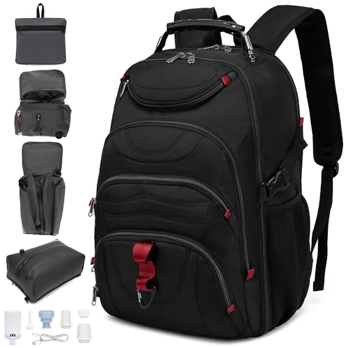 Boavan Vacuum Seal Backpack for Travel with Pump, 55L Large Bag with Zipper‑Off Detachable Vacuum Compression Bag Waterproof Carry On Large Travel Bag for Airline，Bags and Backpack Used Independently - color: Black Q, size: 17.3