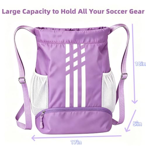 Soccer Bag, Youth Soccer Basketball Bag with Compartments Drawstring Backpack for Football Volleyball Gym Training (Purple) - color: Purple