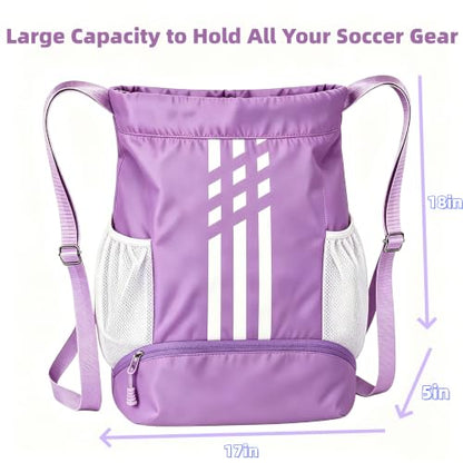 Soccer Bag, Youth Soccer Basketball Bag with Compartments Drawstring Backpack for Football Volleyball Gym Training (Purple) - color: Purple