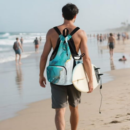 Drawstring Beach Bags Pool Bag With Water Bottle Pocket Cinch Back Sack Wet and Dry Separation Turquoise White Marble - color: Color 21