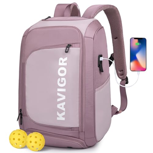 KAVIGOR Pickleball Bag, Large Pickleball Backpack Holds 4 to 6 Paddles, Shoes Compartment & Wet/Dry Pocket (9 Pockets), Charge Port - color: Berry Pink