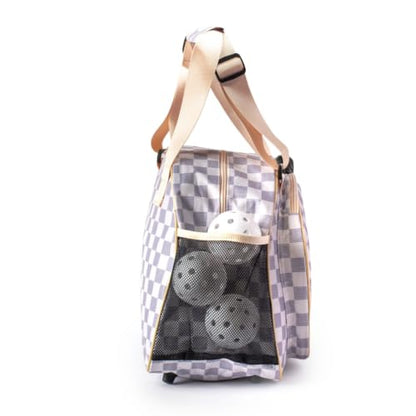 Pik’le’Ball Sport Premium Women's Pickleball Bag – Stylish and Versatile Sports Bag with Water Bottle Holder, Padded Paddle Pocket, and Spacious Design (fits 2+ Paddles!) - color: Checkered Chic Tan