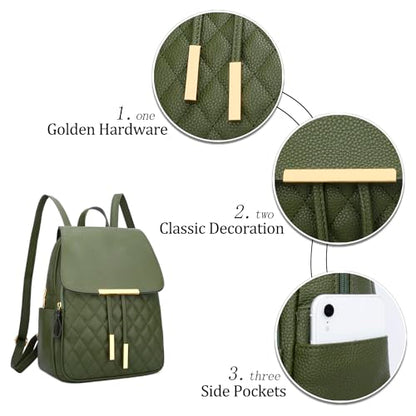 KKXIU Quilted Trendy Leather Backpack Purse for Women and Ladies Shoulder Travel Daypacks Bags (Olive) - color: Olive, style: Backpack