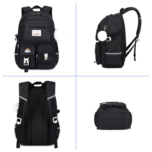 MUSEVOS Girls Backpack for Kids Teenage Elementary Middle High School Backpacks, Lightweight Water Resistant Bookbag Multiple Compartments large Capacity, Black - color: Black
