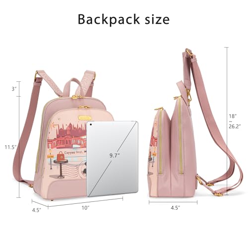 Venetti Cityscape Illustration Mini Backpack for Women and Girls, Cute Small Backpack Purse with Multi-Pocket and Zipper, Light Print Shoulder Bag Leather for Travel Daily Use VN-HB-001-PK - color: Pink