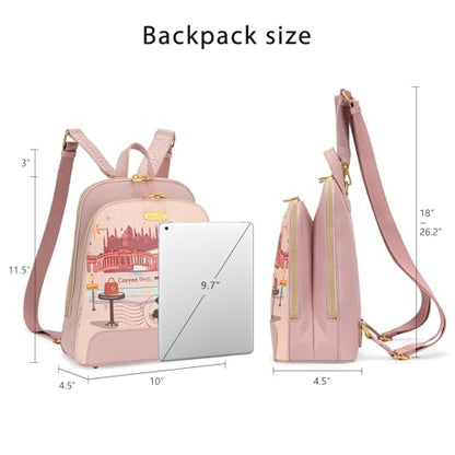 Venetti Cityscape Illustration Mini Backpack for Women and Girls, Cute Small Backpack Purse with Multi-Pocket and Zipper, Light Print Shoulder Bag Leather for Travel Daily Use VN-HB-001-PK - color: Pink