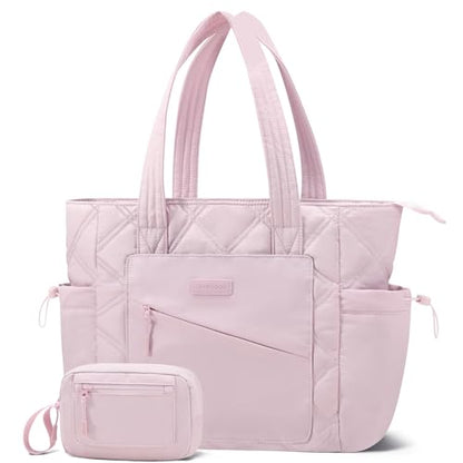 LOVEVOOK Tote Bag for Women, puffer tote bag for Work Travel Nurse, Lightweight quilted Bags with Compartments - color: M-15.6 Inch-pink