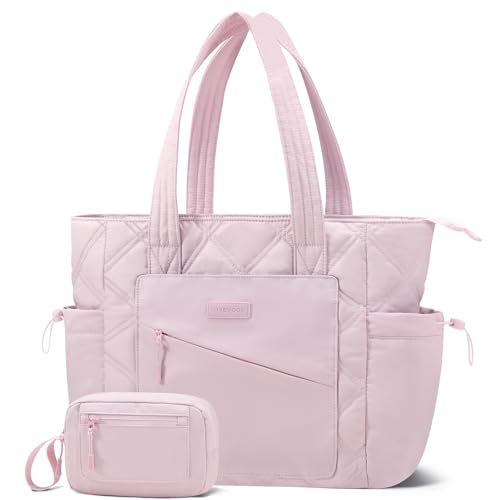LOVEVOOK Tote Bag for Women, puffer tote bag for Work Travel Nurse, Lightweight quilted Bags with Compartments - color: M-15.6 Inch-pink