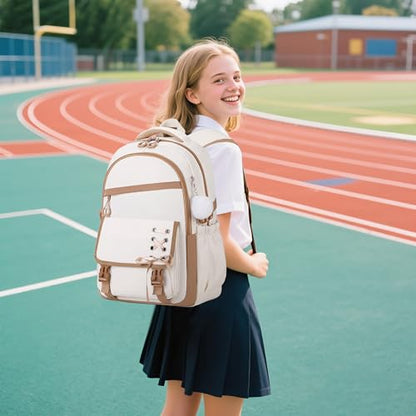 Scothen 3PCS Girls Backpack for School, Kids Backpack for Girls with Lunch Bag Pencil Case, Kids Bookbag Teen Backpacks for Elementary Middle High School - color: Beige