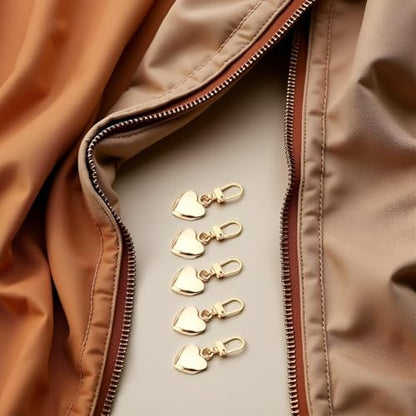 5 Pcs Gold Heart Shaped Zipper Pull Replacement Metal Zipper Backpack Zippers Mend Fixer Repair for Coats Jackets Pants Luggage Fasteners