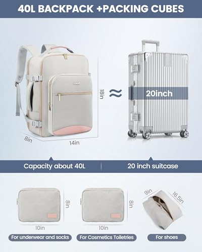 LOVEVOOK 40L Travel Backpack Flight Approved Carry on Backpack,3 Packing Cubes,Waterproof Personal Item Travel Bag,TSA Carry on Luggage Suitcase Travel Essentials,Gifts for Women & Men,fits 17" Laptop - color: A-light Gray-pink, size: Large-40L-4Pcs
