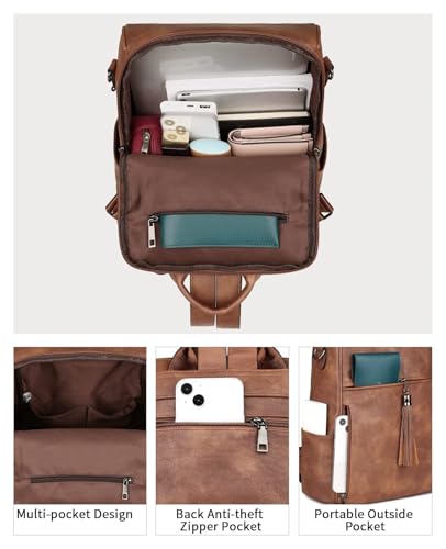 FADEON Leather Backpack Purse for Women Designer Travel Backpack Purses PU Fashion Ladies Shoulder Bag with Tassel - color: 1 Brown Retro Style
