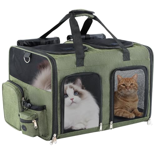 Cat Carrier for 2 Cats - Double Pet Carrier Extra Large, Dual Cabin Multi Cat Travel Carrier with Removable Divider, Collapsible, Can Hold 20 30 40 lbs for Two Small Kitten, Medium Dog Green - color: Green