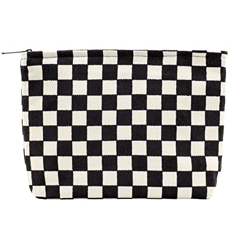PAZIMIIK Makeup Bag Large Zipper Corduroy Make Up Pouch for Purse Travel Canvas Cosmetic Organizer for Women Brush Storage,Checkered Black - color: Checkered Black