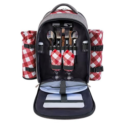 apollo walker Picnic Backpack Bag with Cooler Compartment, Detachable Bottle/Wine Holder, Fleece Blanket, Plates and Cutlery Set (2 Person, Gray) - color: Gray, size: 2 Person