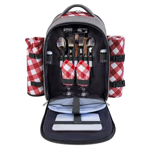 apollo walker Picnic Backpack Bag with Cooler Compartment, Detachable Bottle/Wine Holder, Fleece Blanket, Plates and Cutlery Set (2 Person, Gray) - color: Gray, size: 2 Person