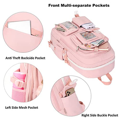 Backpack for Girls with Accessories Laptop Bookbags 16 Inch Kawaii Kids Elementary Middle High School Bag College Travel Daypack Gifts for Teens Women Students (Pink) - color: Pink