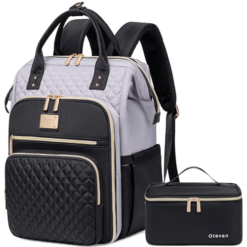 Otevan Lunch Backpack for Women, 15.6 inch Laptop Backpack for Women, Work Backpack with Lunchbox,Insulated Backpack Cooler,Teacher Nurse Travel Backpack for Women, Gray/Black, 24009 - color: Gray/Black