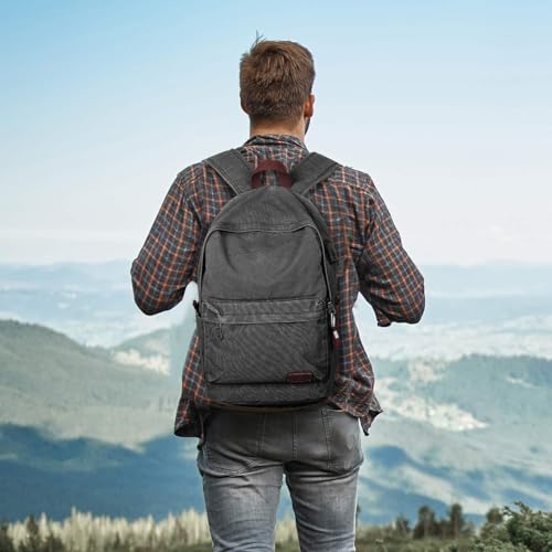 Muzee Canvas Backpack for Women and Men, Lightweight Classic Laptop Backpack with USB Charging Port for School, Travel and Daily Use, Black - color: Black